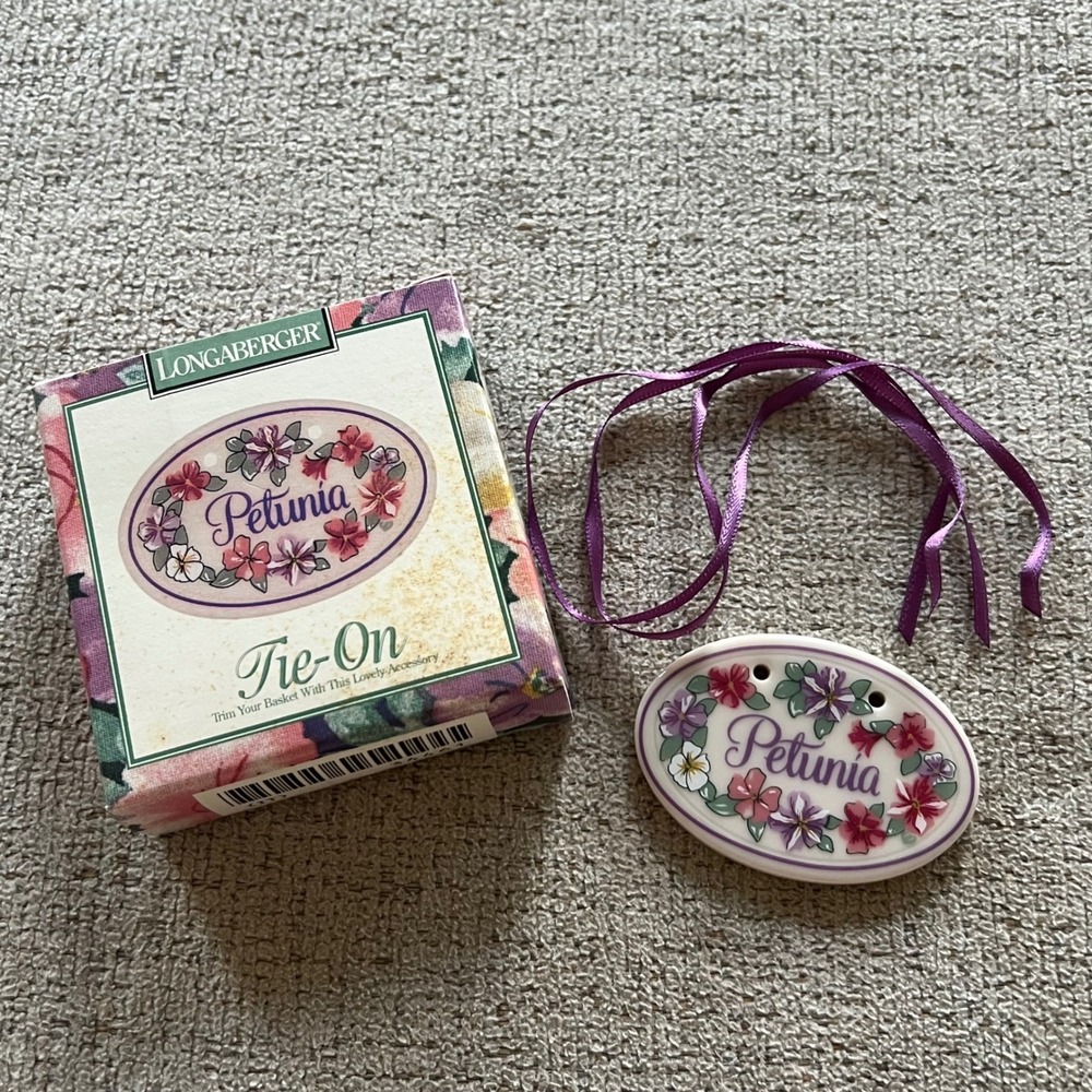 Longaberger Petunia Tie-On Basket Accessory Oval Ceramic Floral Charm with Box
